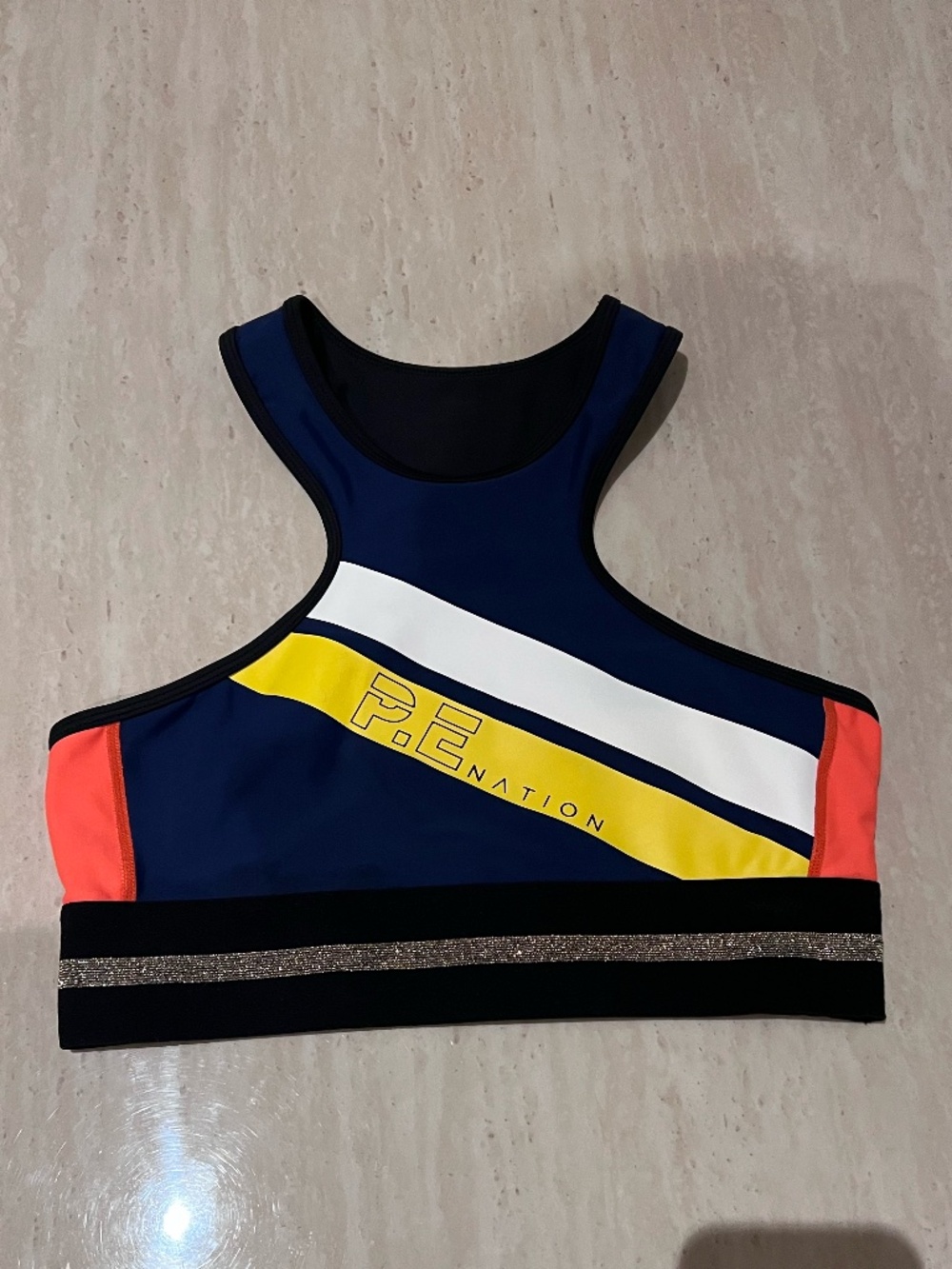 EUC P.E NATION Blue Yellow Gold Racerback Sports Bra Crop Top L